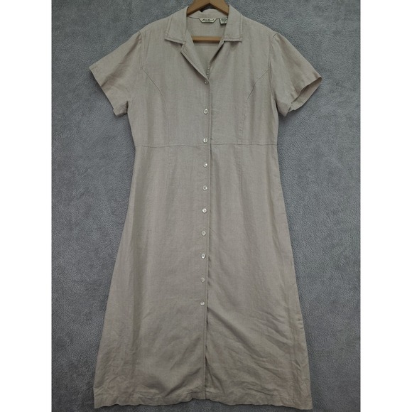 Eddie Bauer Linen Petite Sz 16 Button Front Midi Dress Casual Lagenlook - Picture 1 of 11